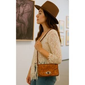 Vintage Hand Carved Leather Purse with Pearl Clasp- Boho- Flawed